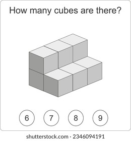 How many cubes are there brain test. Education logic game for preschool kids. Kids activity sheet. Count the number of cubes. Children funny riddle entertainment. Black and white Vector illustration
