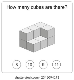 How many cubes are there brain test. Education logic game for preschool kids. Kids activity sheet. Count the number of cubes. Children funny riddle entertainment. Black and white Vector illustration
