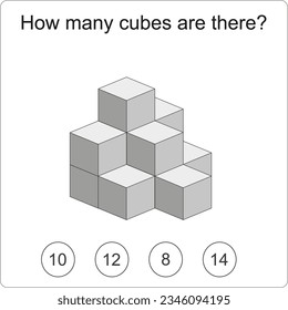 How many cubes are there brain test. Education logic game for preschool kids. Kids activity sheet. Count the number of cubes. Children funny riddle entertainment. Black and white Vector illustration
