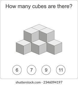 How many cubes are there brain test. Education logic game for preschool kids. Kids activity sheet. Count the number of cubes. Children funny riddle entertainment. Black and white Vector illustration
