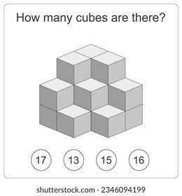 How many cubes are there brain test. Education logic game for preschool kids. Kids activity sheet. Count the number of cubes. Children funny riddle entertainment. Black and white Vector illustration
