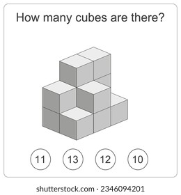 How many cubes are there brain test. Education logic game for preschool kids. Kids activity sheet. Count the number of cubes. Children funny riddle entertainment. Black and white Vector illustration
