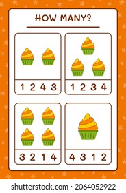 ¿Cuántas tortas de copa, juegos para niños? Ilustración del vector, hoja de cálculo imprimible