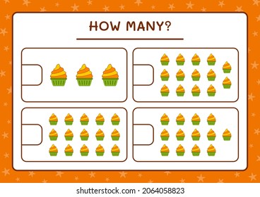 ¿Cuántas tortas de copa, juegos para niños? Ilustración del vector, hoja de cálculo imprimible