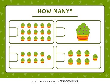 ¿Cuántas tortas de copa, juegos para niños? Ilustración del vector, hoja de cálculo imprimible