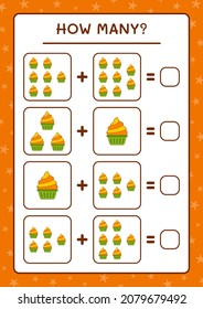 How many Cup Cake, game for children. Vector illustration, printable worksheet