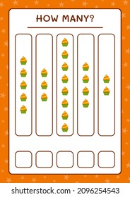 ¿Cuántas tortas de copa, juegos para niños? Ilustración del vector, hoja de cálculo imprimible