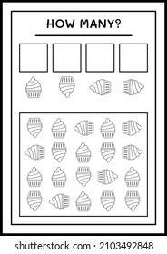 How many Cup Cake, game for children. Vector illustration, printable worksheet