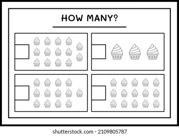 How many Cup Cake, game for children. Vector illustration, printable worksheet