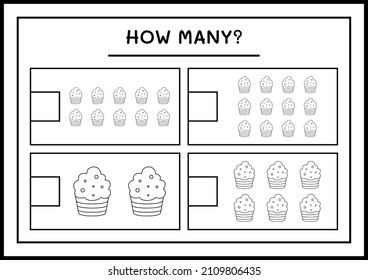 How many Cup Cake, game for children. Vector illustration, printable worksheet