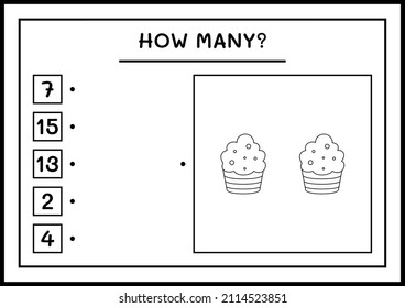 How many Cup Cake, game for children. Vector illustration, printable worksheet