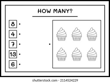 How many Cup Cake, game for children. Vector illustration, printable worksheet