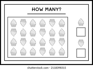 How many Cup Cake, game for children. Vector illustration, printable worksheet