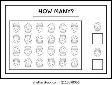 How many Cup Cake, game for children. Vector illustration, printable worksheet