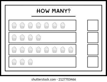 How many Cup Cake, game for children. Vector illustration, printable worksheet