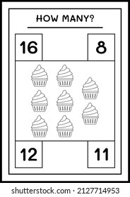 Wie viele Cup Cake, Spiel für Kinder. Vektorgrafik, druckbares Arbeitsblatt