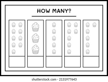 How many Cup Cake, game for children. Vector illustration, printable worksheet