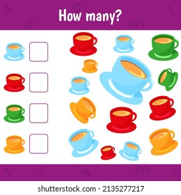 How many cups are there. Count the number of cups. Math worksheet for kids.