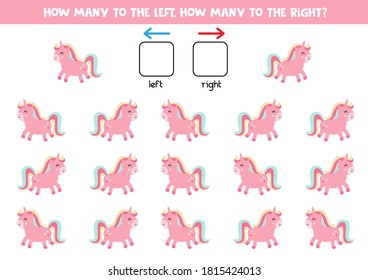 How many cute pink unicorns go left and to the right. Educational logical game for kids. 
