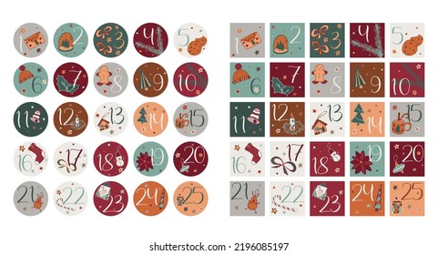 ¿Cuántos días para los stickers de Navidad? 1 a 25 números para la cuenta regresiva y el embalaje de regalo.