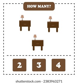 How many desk are there? Educational worksheet design for children. Counting game for kids.