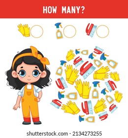 How many detergents, protective gloves, washing brushes are lying next to the little cleaning girl? Counting educational kids game, kids math activity sheet. Cartoon colored vector illustration.