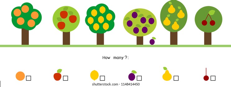 How many different fruits on trees. Counting educational game with different fruits for preschool kids