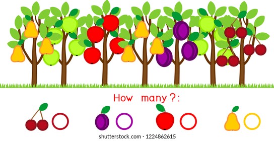 How many different fruits on trees. Counting educational game with different fruits for preschool kids