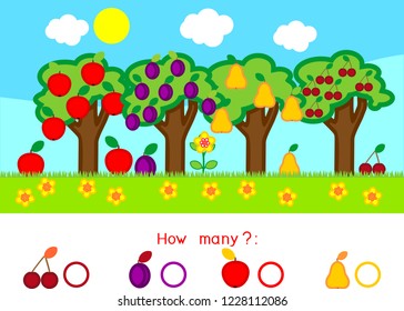 How many different fruits on trees. Counting educational game with different fruits for preschool kids