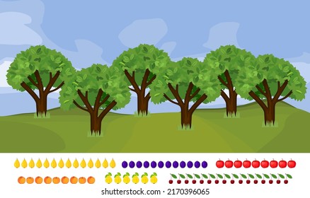 How many different fruits on trees. Counting educational game with different fruits for preschool kids