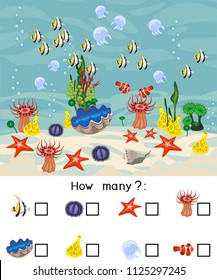 How many different underwater marine animals. Counting educational game for preschool kids
