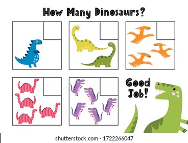 How many dinosaurs do you see? Count and write the number. Mathematics educational game for kids A4 format. Vector illustration