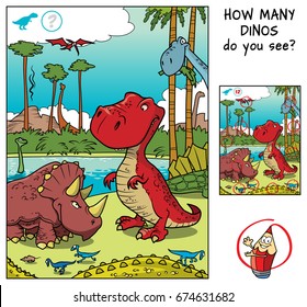 How many dinosaurs do you see? Education counting game for kids. Cartoon vector illustration