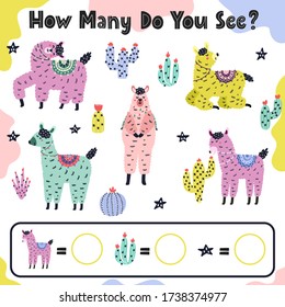 How many do you see - count and write. I spy activity game for kids with funny llamas and cactuses. Education for toddlers. Vector illustration 