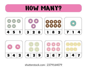 How many donats.Preschool Counting Activities. Printable worksheet. Educational game for children, kids preschool age. Mathematics task. Learning mathematics, numbers.Tasks for addition.