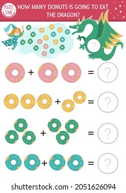 How many donuts game with cute fairytale creatures. Magic kingdom math addition activity for preschool children. Printable simple counting worksheet for kids with fairy and dragon
