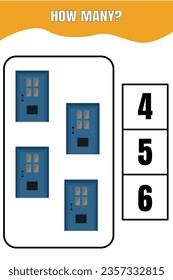 How many door are there? Educational math game for kids. Printable worksheet design for preschool or elementary kids.