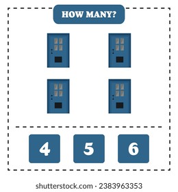 How many door are there? Educational worksheet design for children. Counting game for kids.