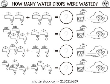 How many drops black and white game with taps. Ecological math addition activity for preschool children. Simple eco earth day printable counting coloring page for kids