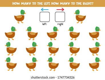 How many ducks go to the left and how many to the right. Educational game for kids. Spatial orientation for children. Printable worksheet.