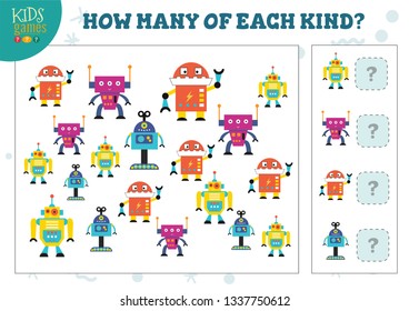 How many of each kind cartoon robot kids counting game vector illustration. Educational activity for preschool children with counting objects 