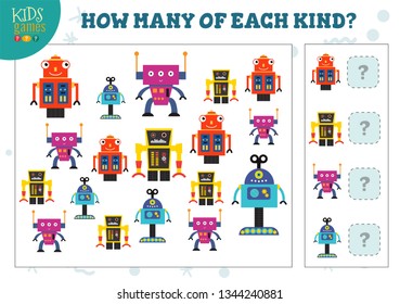 How many of each kind cartoon robot kids counting game vector illustration. Educational activity for preschool children with counting objects 