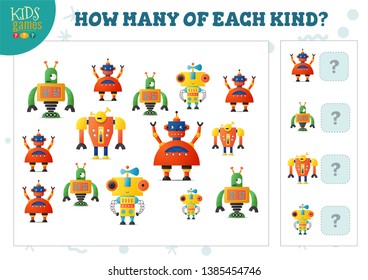 How many of each kind cartoon robot kids counting game vector illustration. Educational activity for preschool children with counting objects 