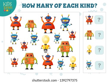 How many of each kind cartoon robot kids counting game vector illustration. Educational activity for preschool children with counting objects 