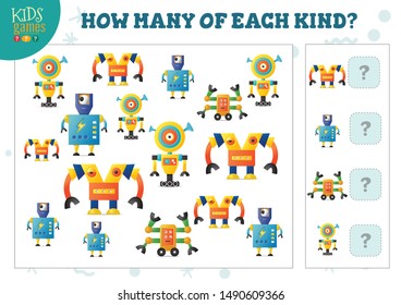 How many of each kind cartoon robot kids counting game vector illustration. Educational activity for preschool children with counting objects 