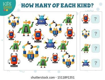 How many of each kind cartoon robot kids counting game vector illustration. Educational activity for preschool children with comparing and counting objects 