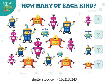 How many of each kind cartoon robot counting game for kids vector illustration. Educational activity for preschool children with counting objects