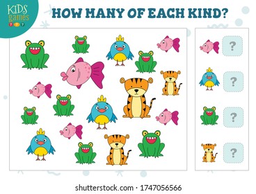 How many of each kind cartoon animals counting game for kids vector illustration. Educational quiz for preschool children with math test