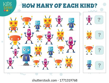 Wie viele von jeder Art Cartoon Roboter Zählspiel für Kinder Vektorgrafik. Erziehungsmaßnahmen für Vorschulkinder mit Zählobjekten