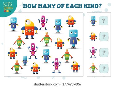 How many of each kind cartoon robot counting game for kids vector illustration. Educational activity for preschool children with comparing and counting objects